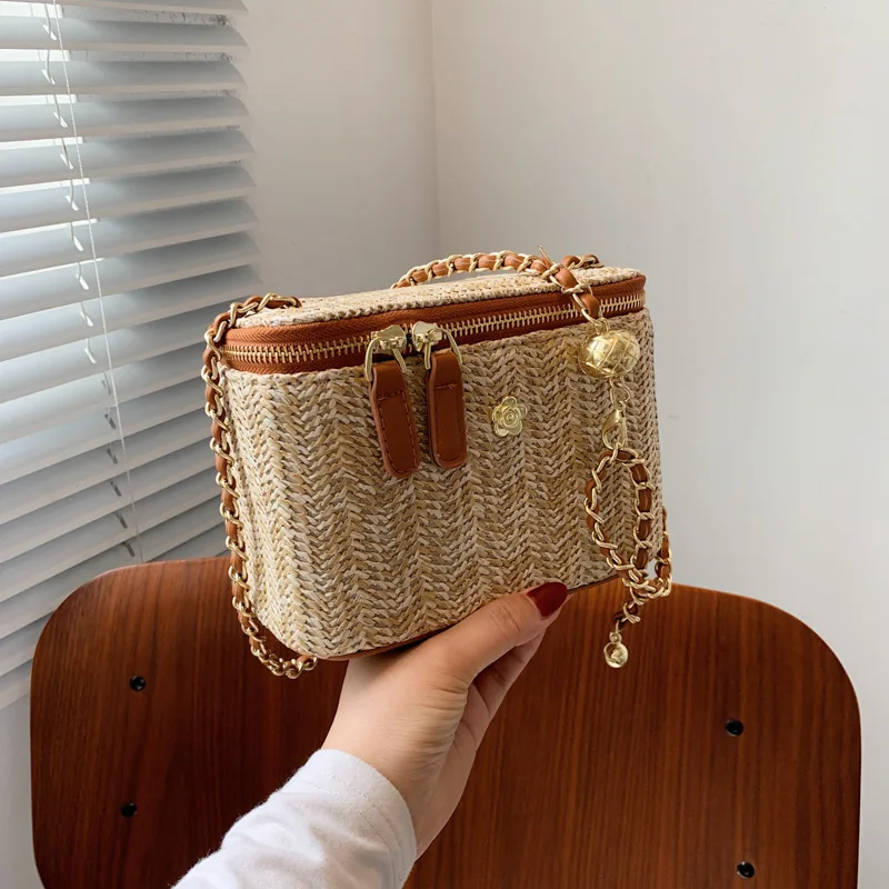 Simple Box Shoulder Bag Straw Woven Handbag Bohemian Beach One-shoulder Diagonal Bag 4 Colors Purses and Handbags