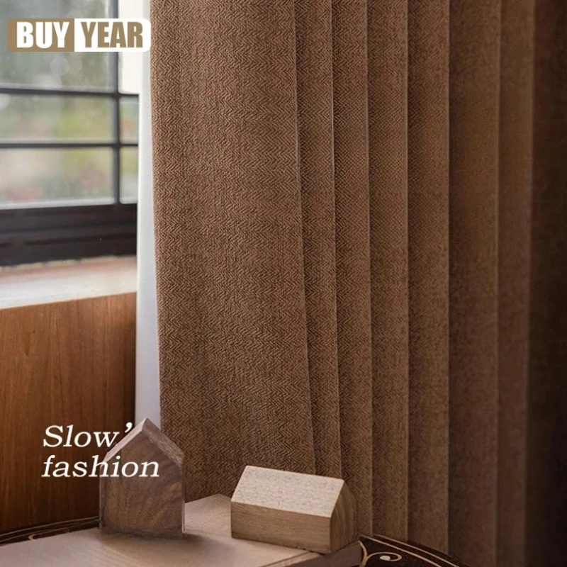 

Maillard French Caramel Chenille Curtains for Living Room Balcony Bedroom Antique Cotton and Linen High-end Curtain Cloth Window