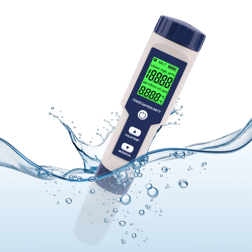 5 in 1 Water Quality Tester Water Tester Monitor PH/EC/TDS/Salinity/Temp Multifunction Tester for Pools Drinking Water Aquariums