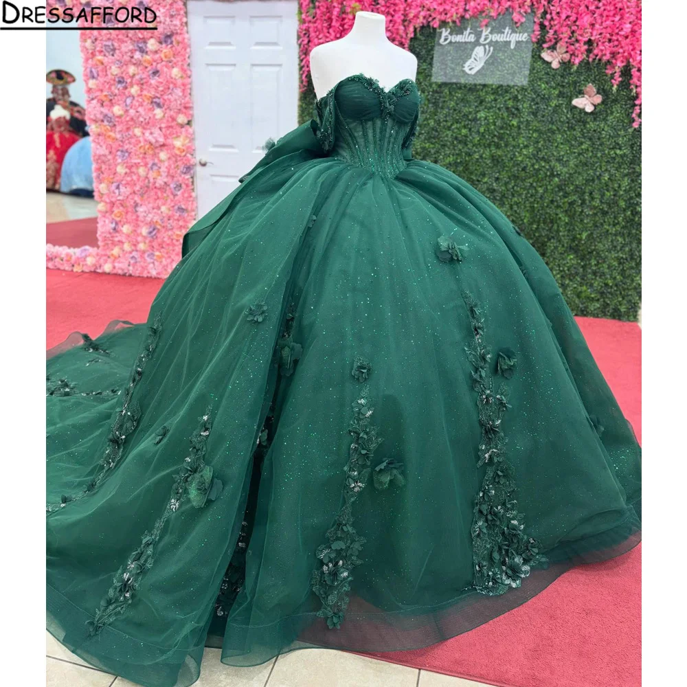 

Зеленые платья для квинсеаньеры с аппликациями, стразами, большим бантом, открытыми плечами, на заказ