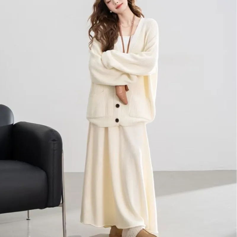 

Casual Loose V-neck Long Sleeve Solid Knitted Cardigan Coat+Elastic Waist Midi Skirt 2-piece Set Autumn/Winter Women's Suit New