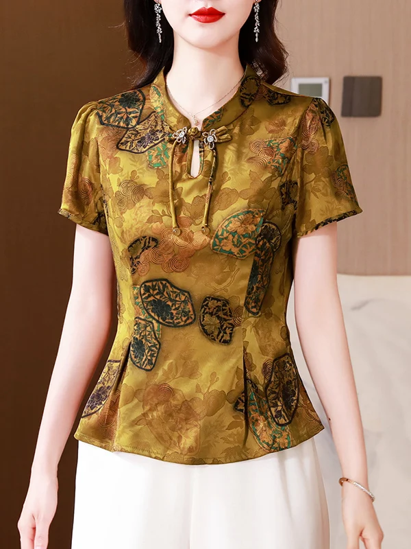 Dames Satijn irt Faionable ort Sve Taille-klinkende Chinese Sle Top Koreaanse versie Loose Fit Gedrukt uitgehold ontwerp
