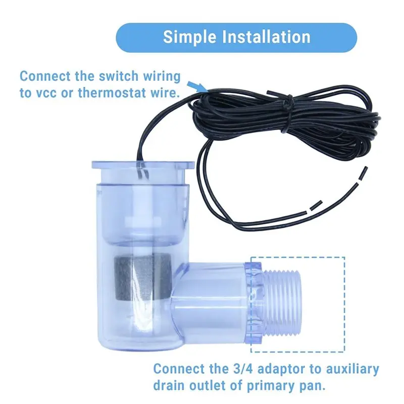 For Safe-T-Switch For HVAC Drain Pan Condensate Outlet, SS2 Float Switch L Shape, AC Water Level Switch With Adapter
