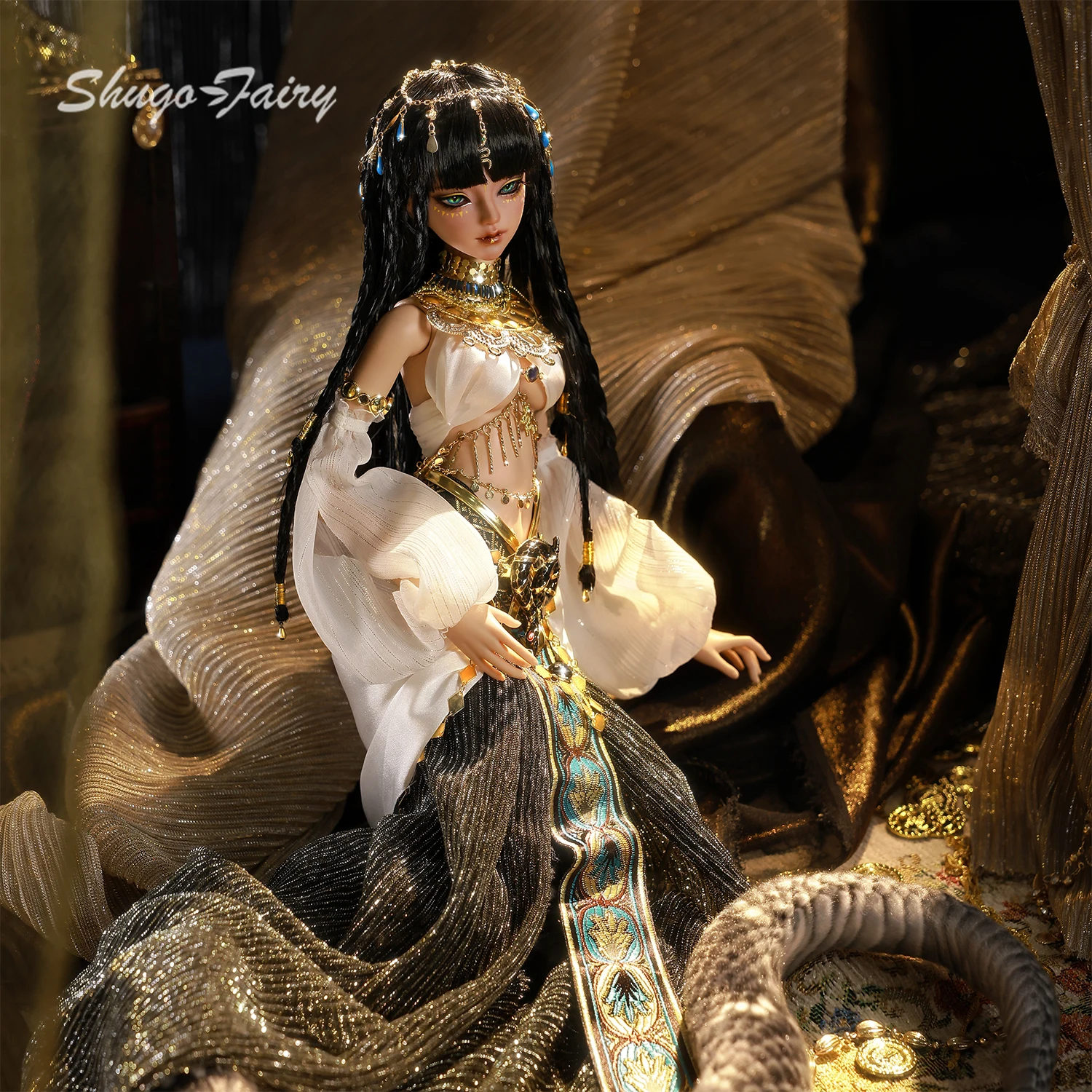 Boneca egípcia bjd 1/4 conjunto completo-deusa da cobra uraeus artesanal was-scepter fantasia defensor pés humanos cauda roupas shugafairy