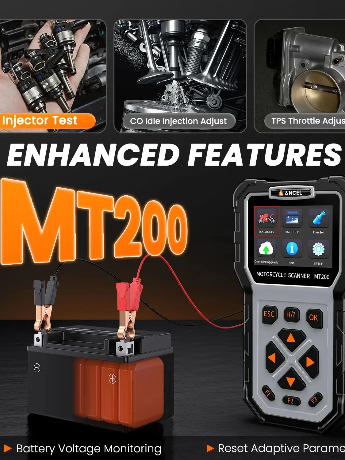 ANCEL MT200 Motorfiets Diagnose Gereedschap Motorcode Lezer Injector Test Accu Test Motorfiets Scanner Voor YAMAHA BMW Suzuki - afbeelding 2