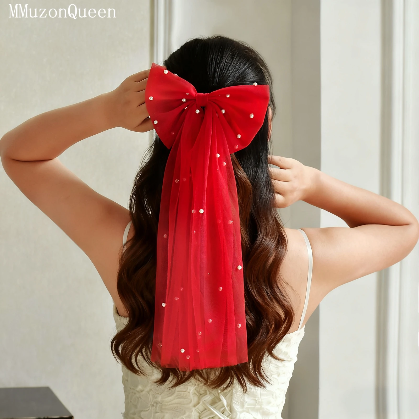 

TOPQUEEN V04A вуаль с бантом и жемчугом, двухслойная короткая фата из красного тюля с расческой и свадебными аксессуарами, настраиваемая