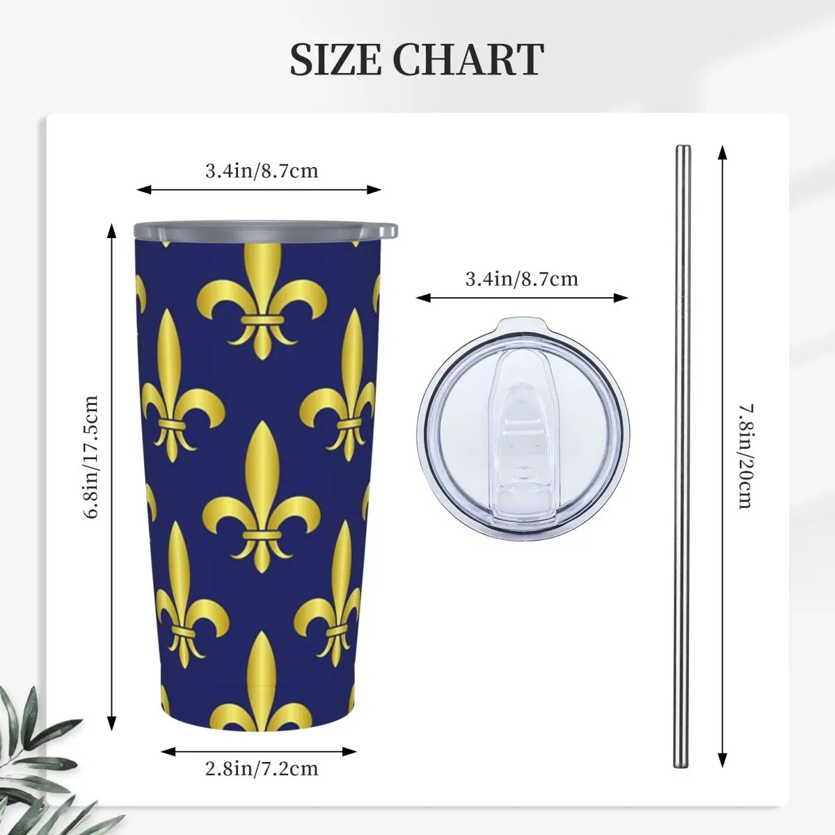 Gold Blue Fleur De Lis Royal Lily Stainless Steel Tumbler Vacuum Insulated Mugs Thermal Cold Cups Straws With Lid 20oz