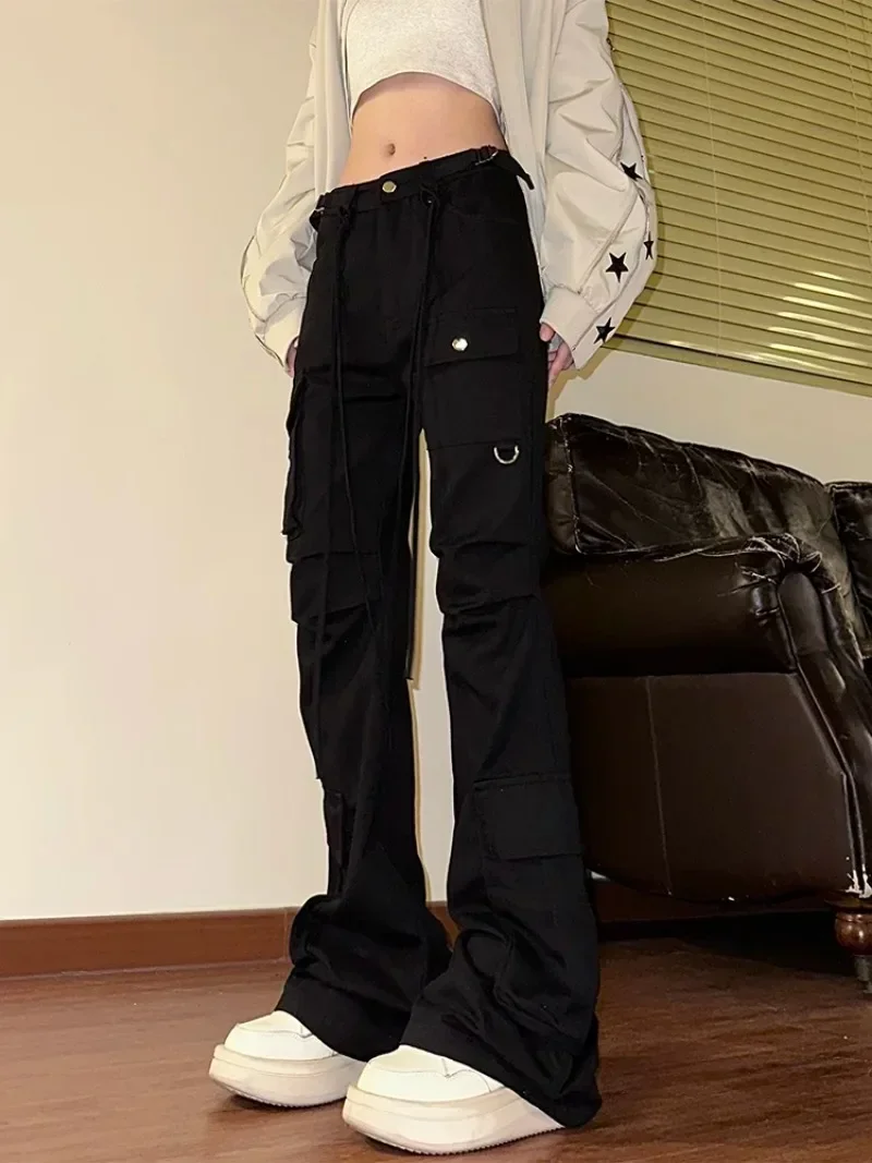 Women Black Gothic Flare Jeans Harajuku Vintage Emo 2000s Y2k Baggy Denim Trousers Oversize Wide Cowboy Pants 90s Trashy Clothes