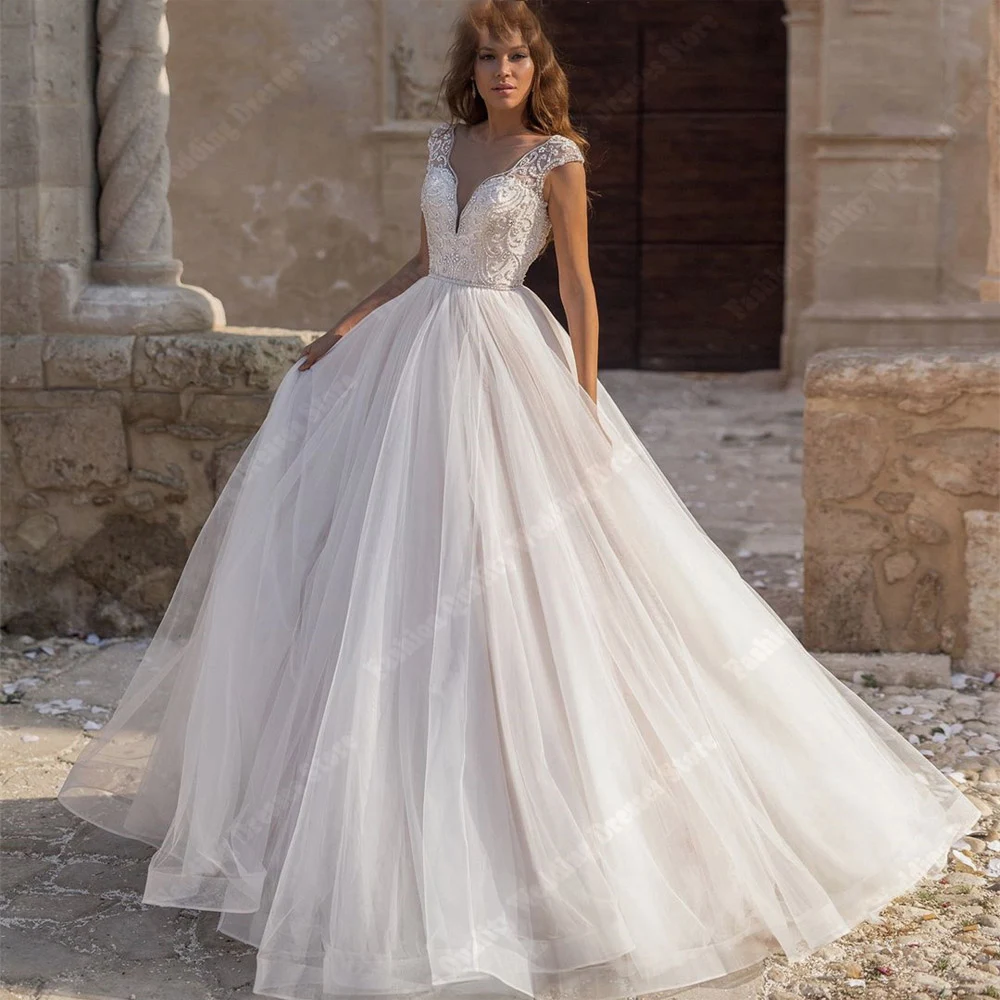 Vestidos de casamento estampados florais para mulheres, decote em v, tule sem costas, vestidos de princesa nupcial, sexy decote em v