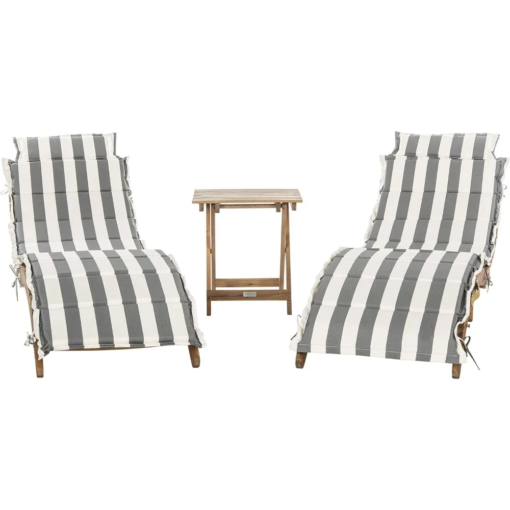 Outdoor Chaise Lounge Chair with Table, Pacifica Natural Brown Solid Wood/Grey & White Stripe Cushion Lounge Chair