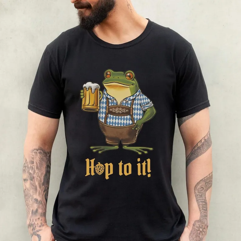 

Октоберфест Рубашка-лягушка Хлопковая летняя повседневная футболка с короткими рукавами для пива Жаба с держателем пива Баварский Lederhosen Hop To It Одежда