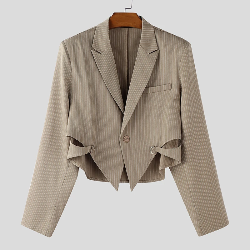 

INCERUN мужской нерегулярный пиджак с лацканами и длинным рукавом на одной пуговице, полосатые укороченные пальто, мужская уличная одежда, модный повседневный костюм Mlae 2025, S-3XL