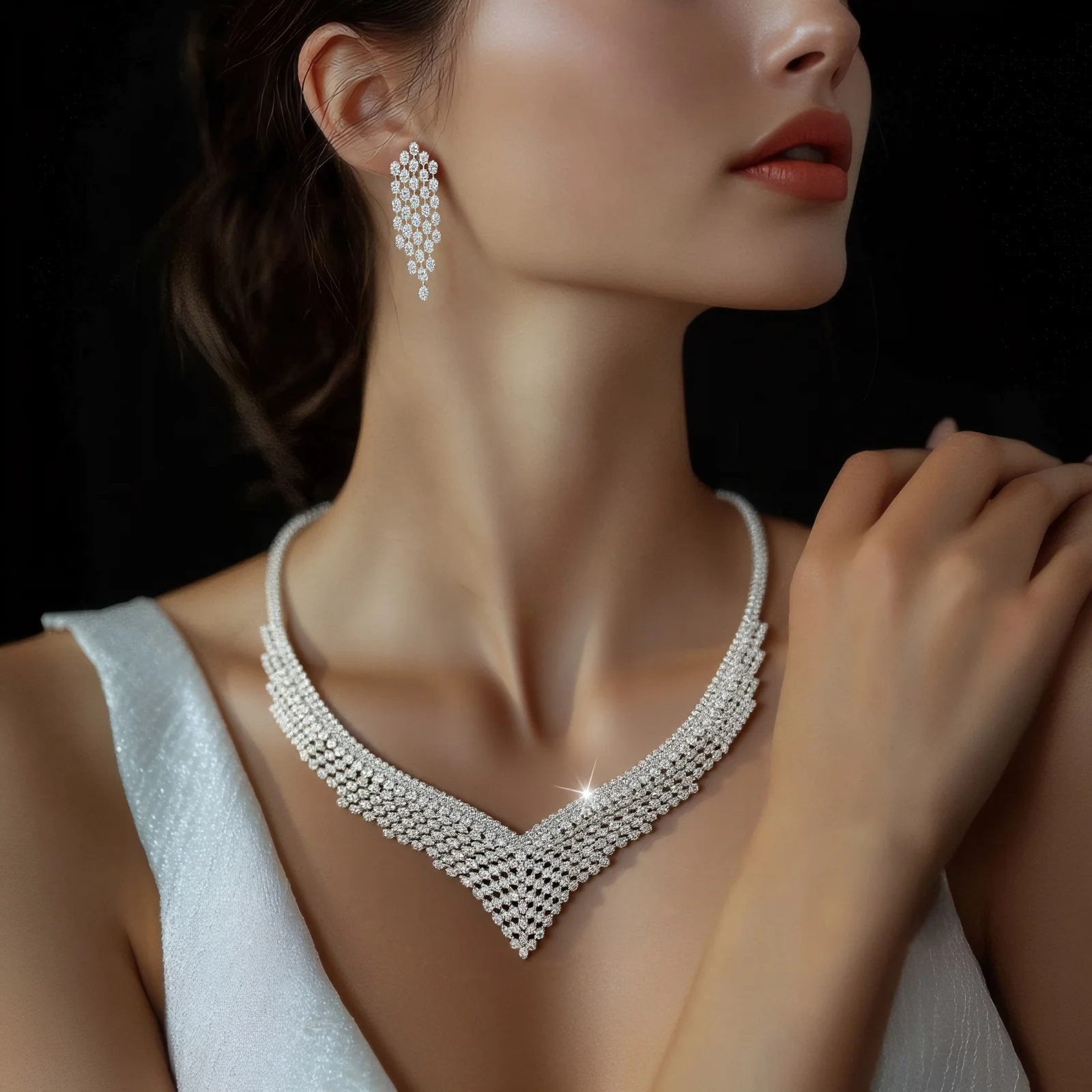 

HIBRIDE Super sparkly white necklace earrings ring stereoscopic geometric dubai nigerian women wedding prom jewellery set s-778