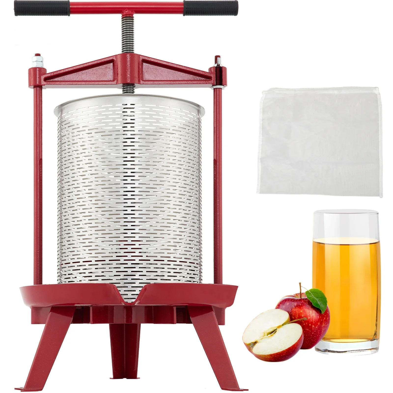 Fruit Wine Press Manual Press for Wine Making 1.3/2.4/3.7Gal 5/9/14L Stainless Steel Basket Red Silver Wine Grape Press