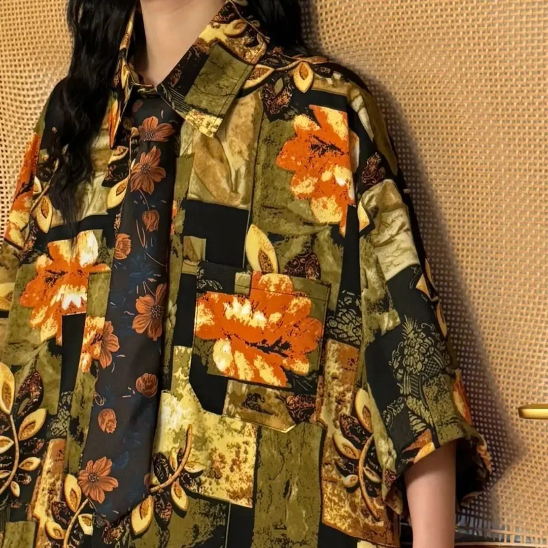 

Summer Casual Korean Fashion Loose Buttons Single Breasted Printing Retro Fashion Short Sleeve Easy Close to the People Wild
