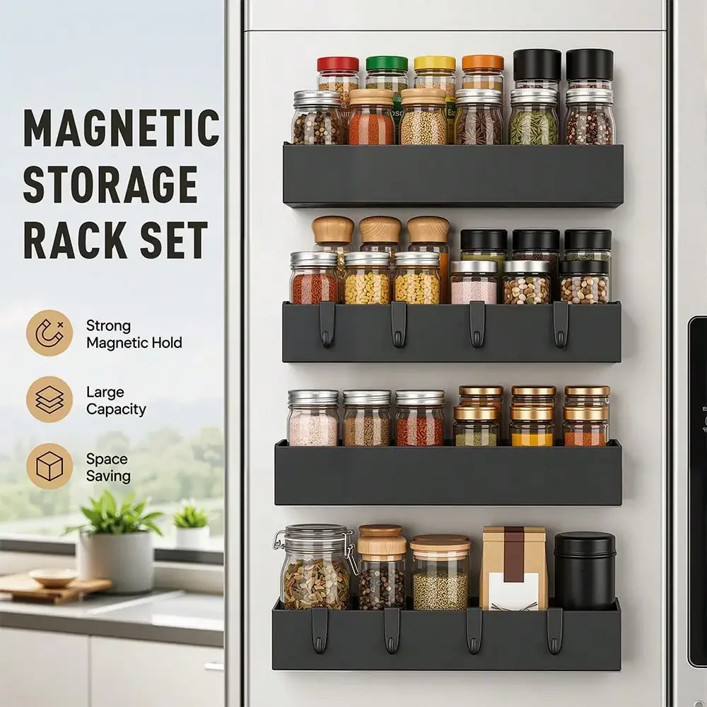 2/4 Pack Carbon Steel Magnetic Kitchen Storage Rack, Drill-Free Side Organizer For Refrigerator, Washing Machine & Metal Cabinet Doors, Detachable Storage Basket For Spices, Drinks & Daily Supplies, Comes With Extra Hooks