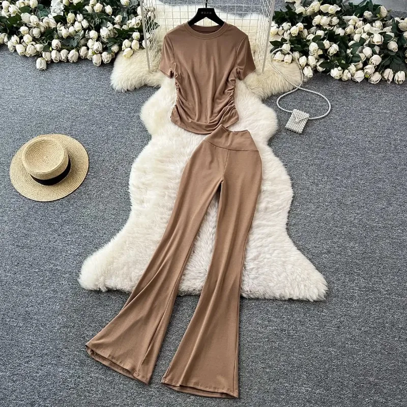 

Women's Clothing 2 Piece Set Sports Chic O Neck Short Sleeve T-shirt High Waisted Slim Flared Pants Crop Tops Trousers Suits New