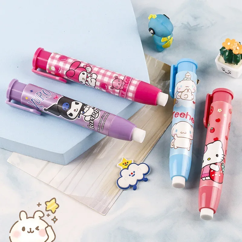 Imagem -03 - Sanrio Automatic Press Rubber Eraser para Crianças Papelaria Kawaii Bonito Limpo Presente de Aniversário Atacado Novo 12 Pcs 24 Pcs