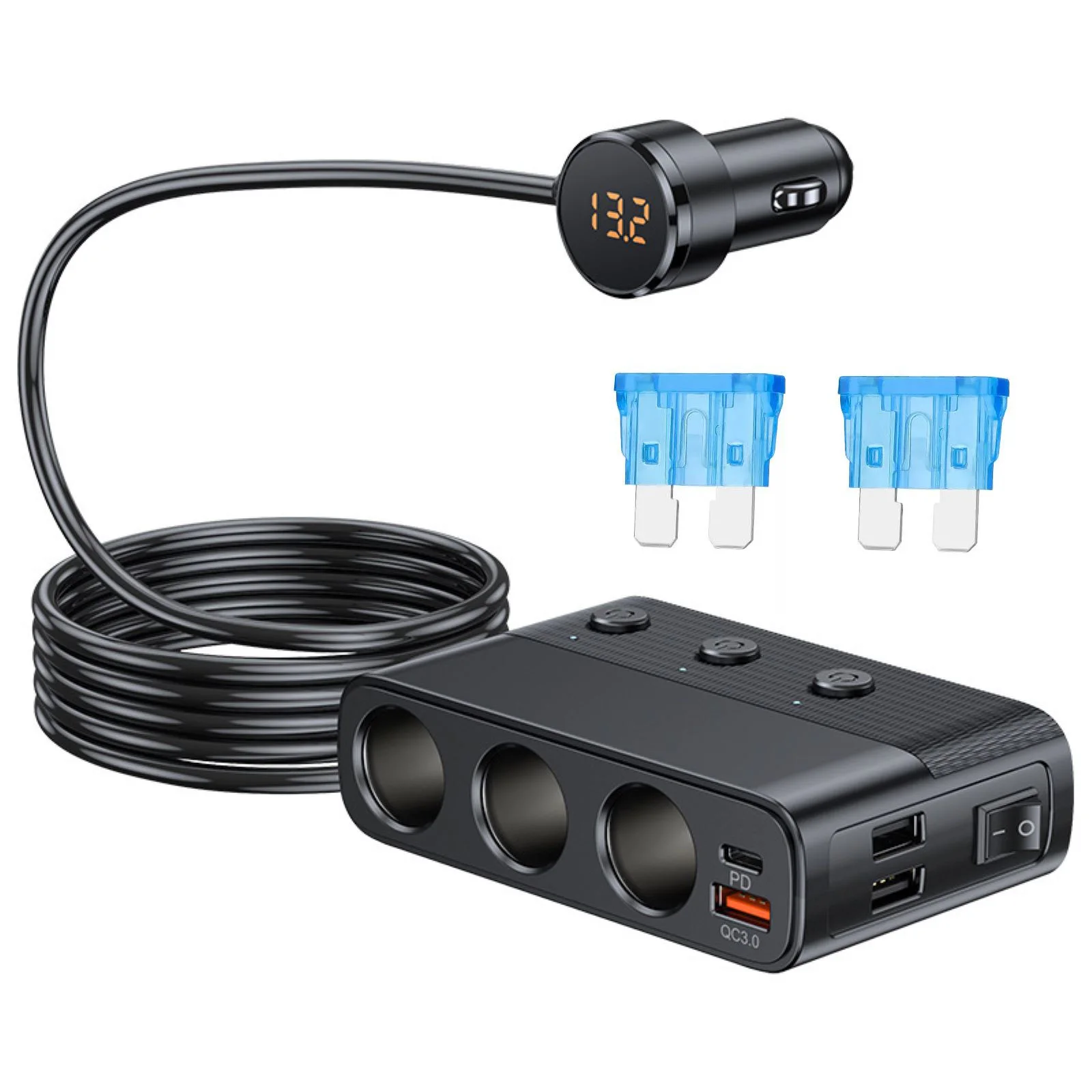 127W Car Charger Splitter Multi-Ports PD 30W QC3.0 Cigarette Lighter Adapter Car Cigarette Lighter Socket Splitter With Switch