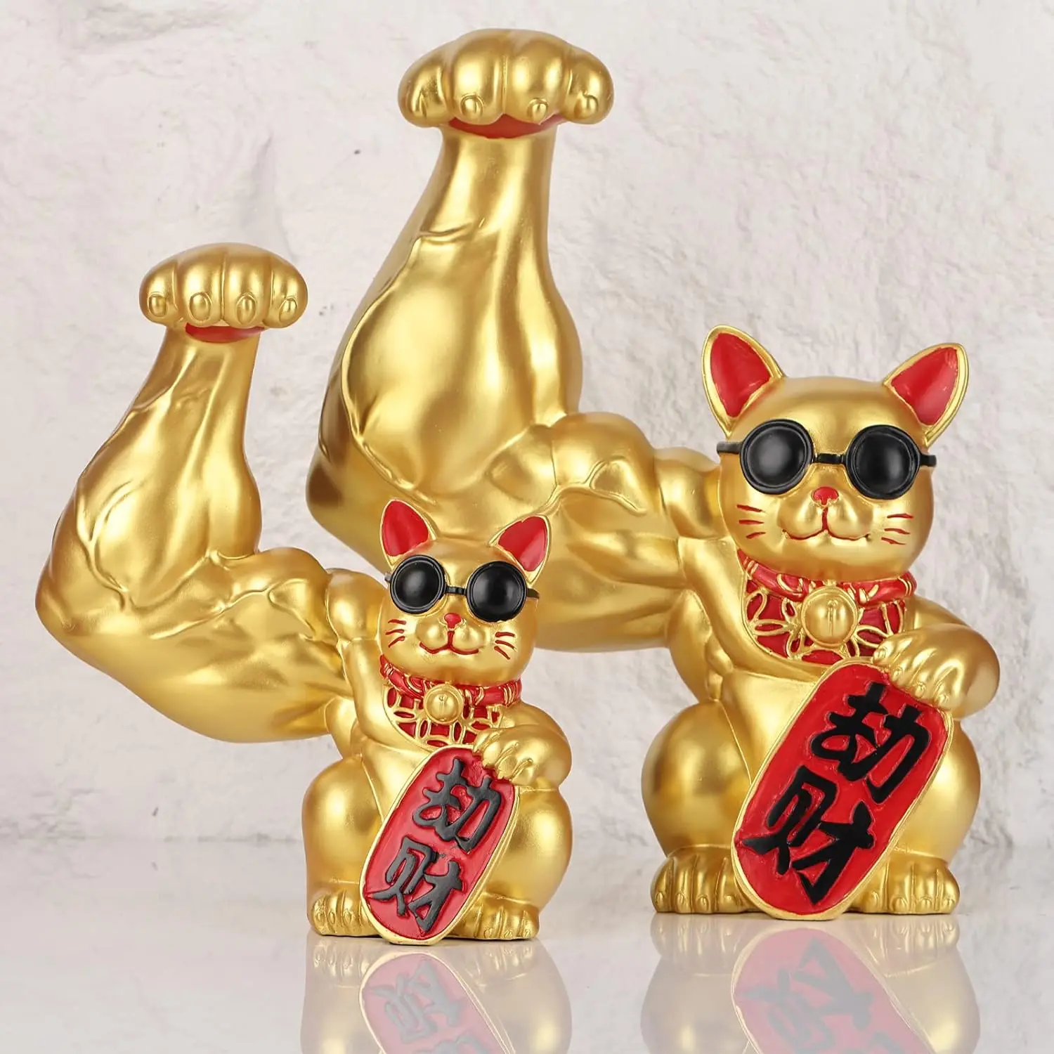

32cm large muscle arm fortune cat doll golden resin craft sculpture living room cute animal statue home decoration gifts