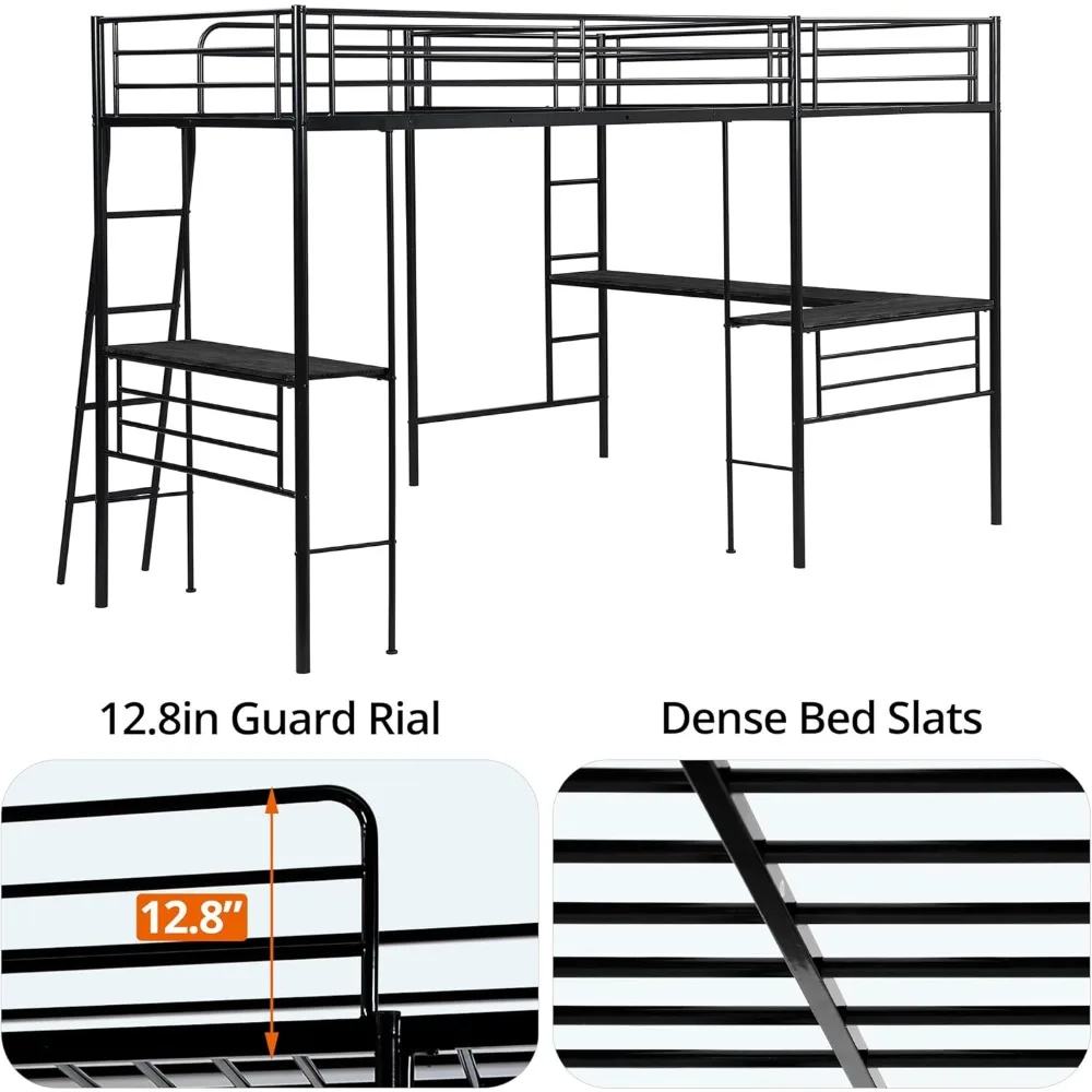 Cama alta em forma de L de tamanho duplo com 2 mesas embutidas, cama de canto loft de metal com 2 escadas e trilho de proteção de segurança, beliche resistente