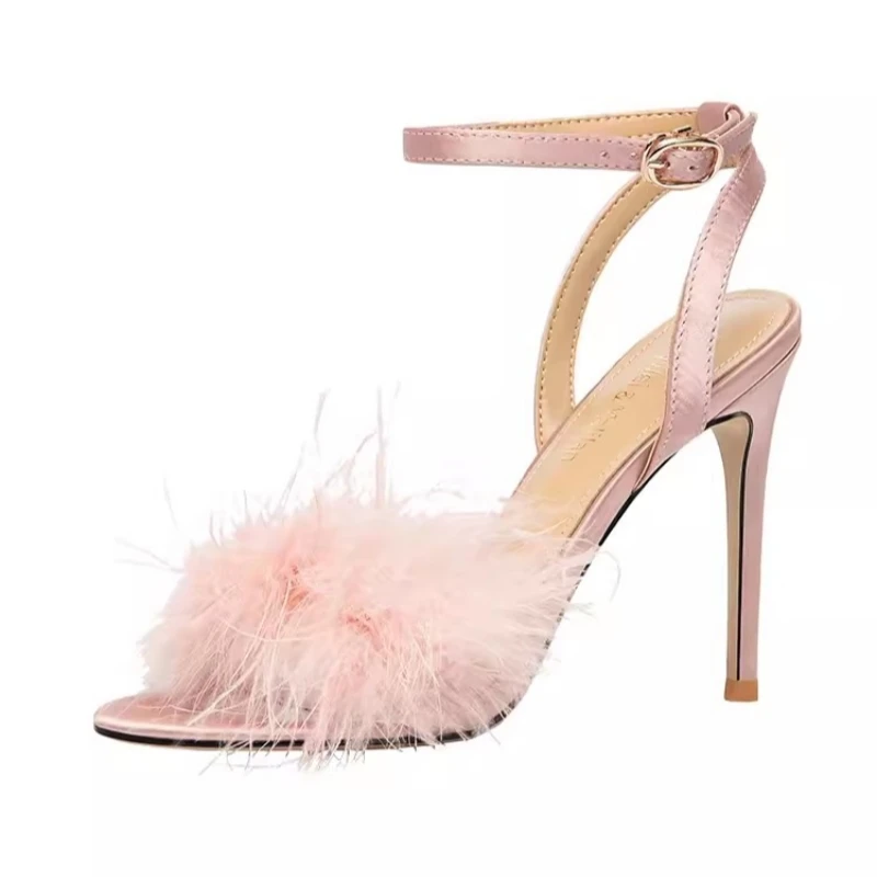 Summer New Feather One line Ribbon Silk Forged Wedding Shoes Thin High Heel Banquet Dress Large and Small Women's Sandals