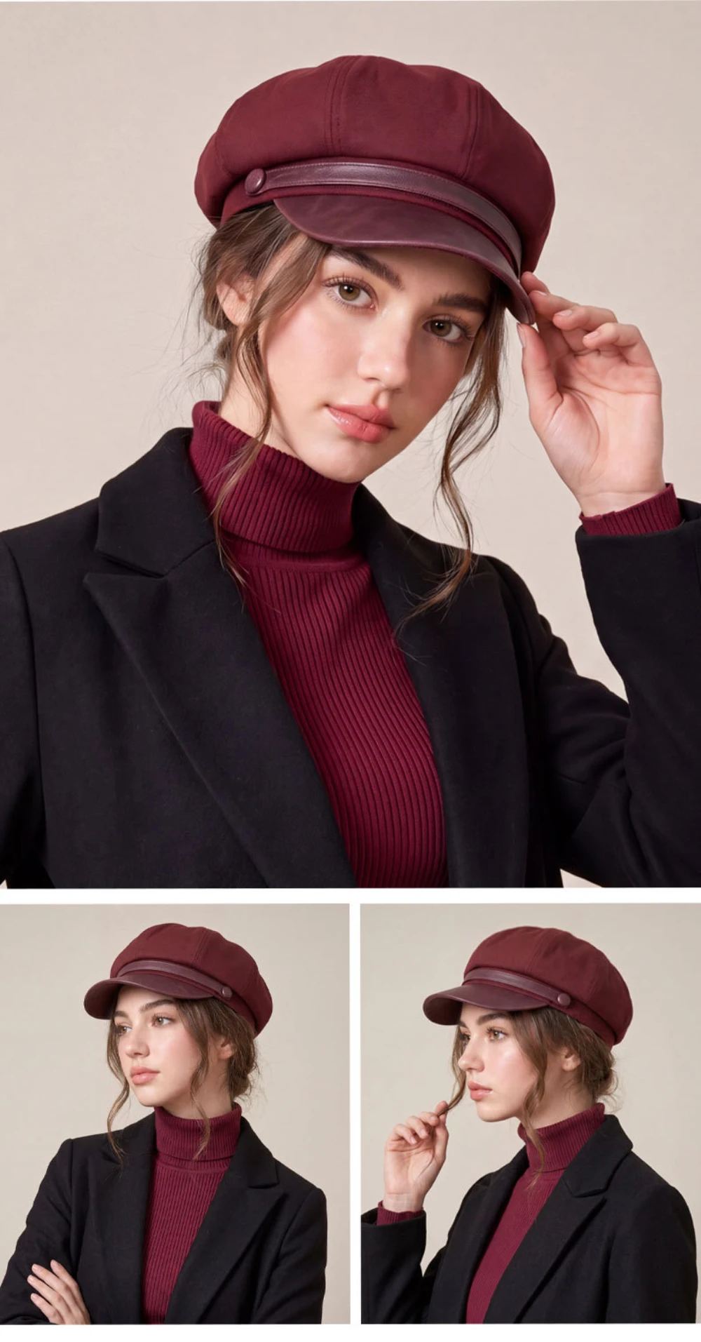 HT5149 Damen-Baskenmützen 2026 Neue Herbst-Winter-Wildleder-Baskenmütze Vintage Künstler-Malermütze Damen-Newsboy-Mütze mit PU-Lederkrempe – Detail 3