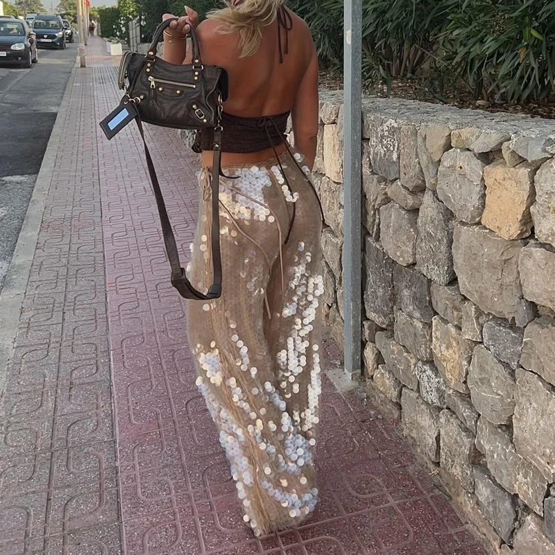 Combhasaki-pantalones largos holgados con bordado de lentejuelas y purpurina para mujer, elegantes, con lazo lateral, cintura baja, pierna ancha, para fiesta y Club, Y2k