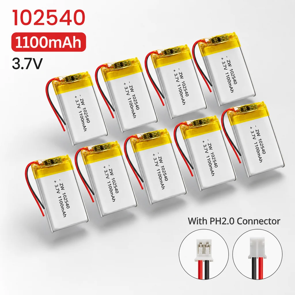 LiPo Battery 102540 3.7V 1100mAh PH2.0 Connector Replacement Polymer Cell For GPS Locator MP3 MP4 Medical Beauty Device