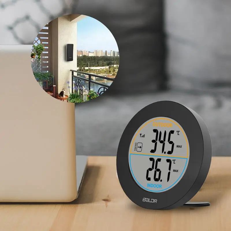 Wireless Round LCD Display Home Thermometer Indoor Outdoor Wall Table Digital Temperatue Record Trend Monitor C/F Sensor -30~60C