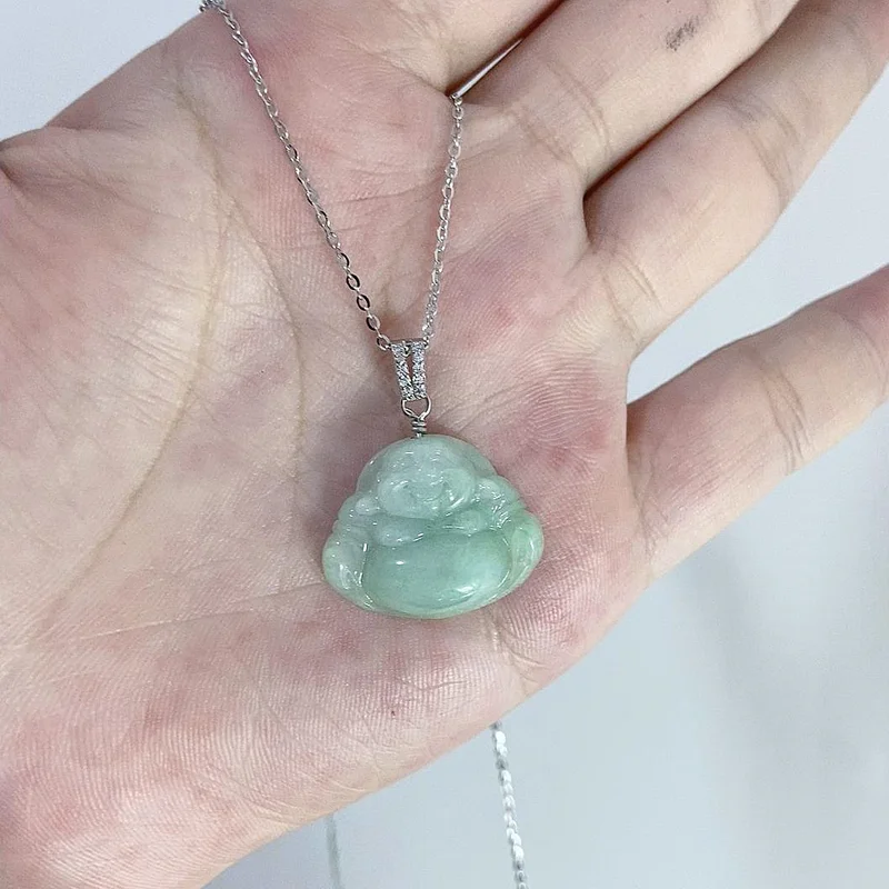 925 sterling silver Maitreya Buddha Jade Pendant, Jade Buddha Gemstone, Genuine Type A Jade, Gift for Family, Luck Carving Jade,