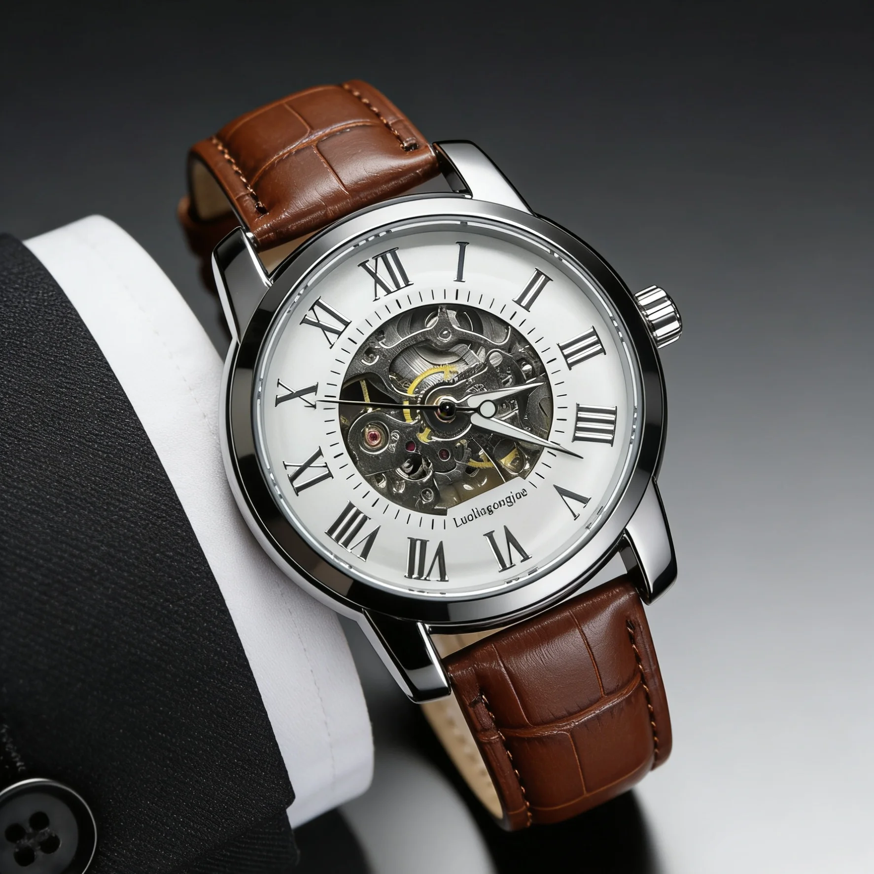 

New Men's Automatic Mechanical Watch with Skeleton Dial, Roman Numerals, Leather Strap, Hollow Design, Luxury Business Wristwatch, Classic Retro Men's Watch