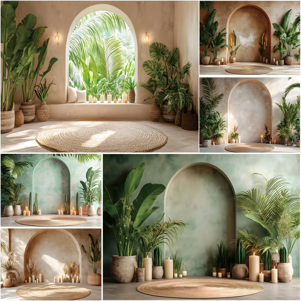 

Palm Oasis Arch Wall Boho Backdrop Green Leaf Pampas Floral Potted Plant Wedding Maternity Art Portrait Photography Background