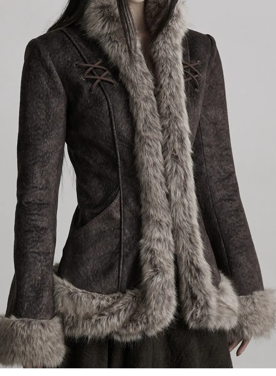 94-102cm Bust Autumn Winter Coats Women Vintage Elegant Coffee Brown Cropped Jacket Slim Cinched Waist with Alpaca Fur Collar