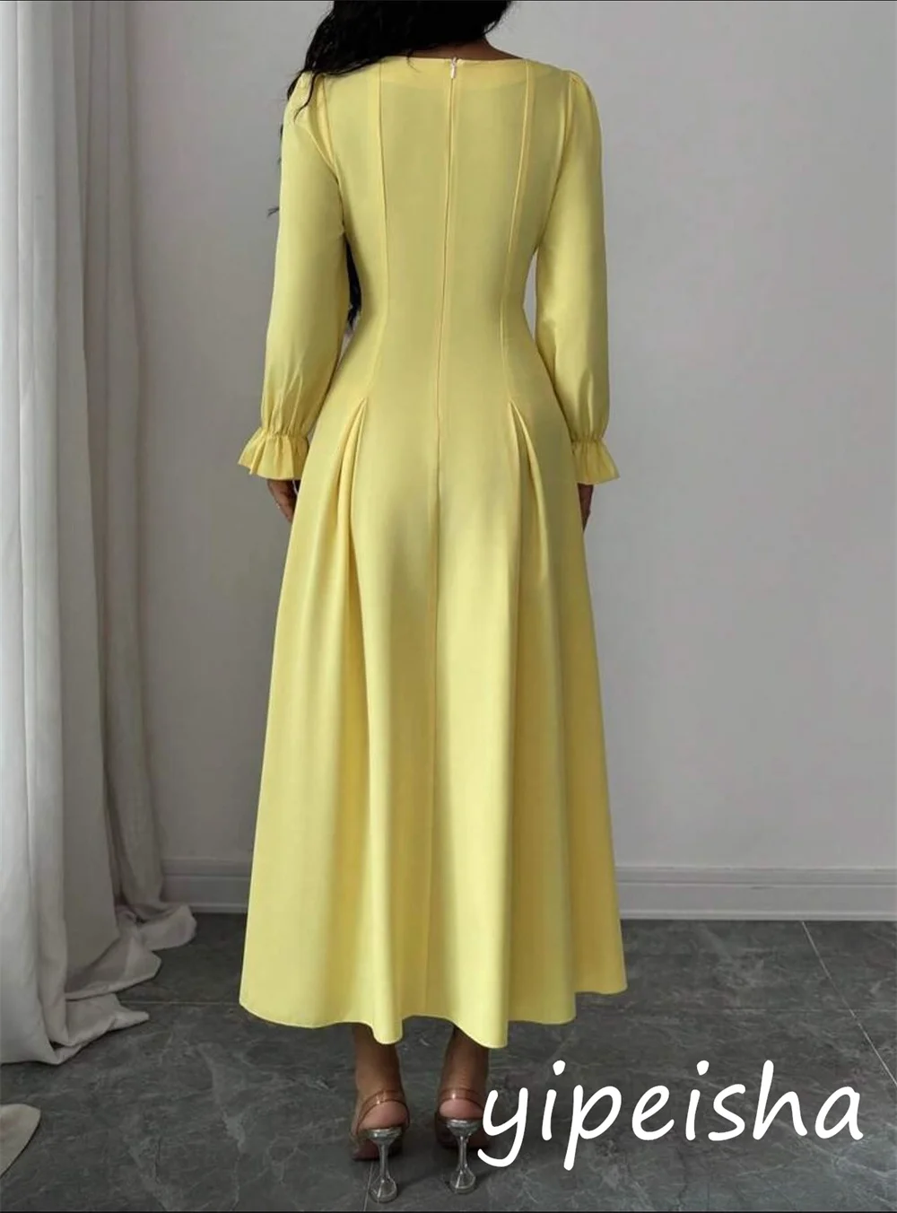 Customized Classic Exquisite Jersey Sequined Pleat A-line Square Neck Midi Dresses Bespoke Occasion Retro