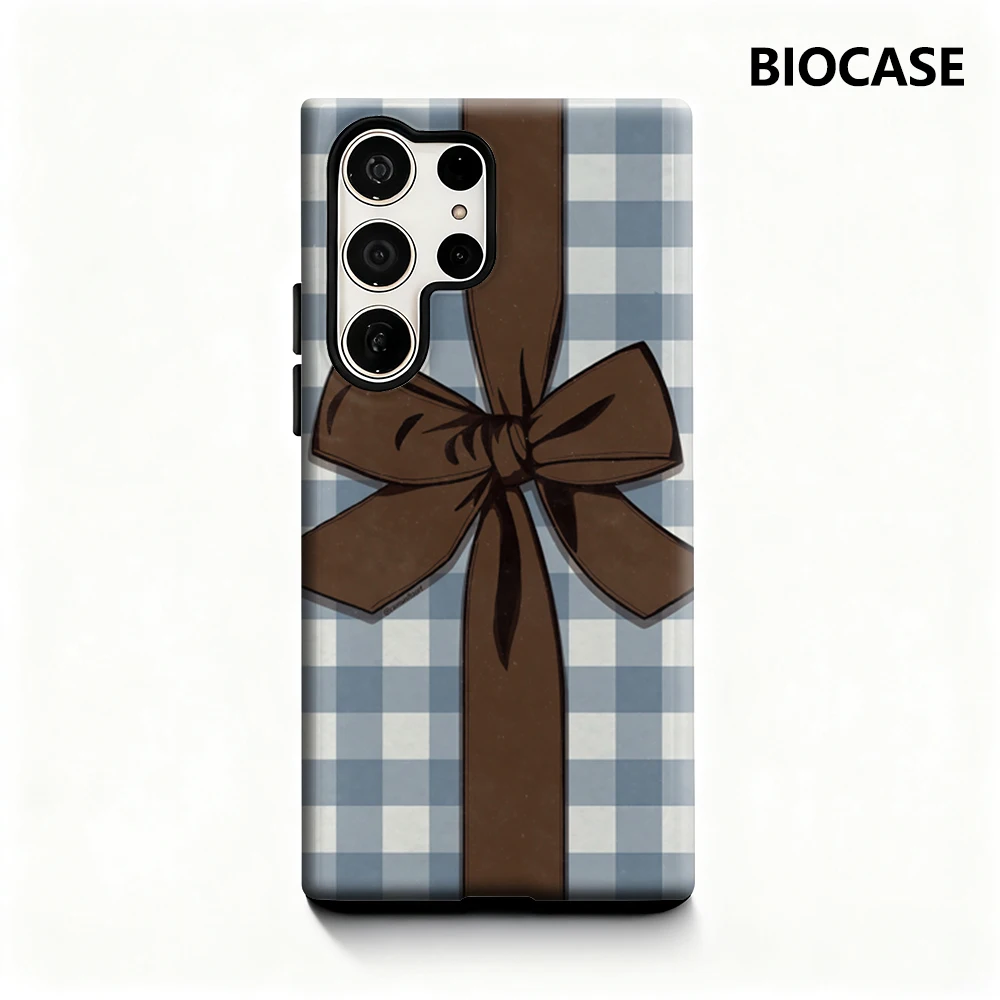Classic Blue Gingham Brown Bow Phone Case for Samsung Galaxy S25 Ultra S24 S23 Ultra Plus Glossy Double-layer Back Cover