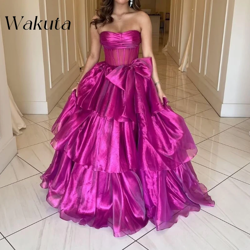 Wakuta Women's Tulle Ruffles Prom Robe Long Sparkly Tiered Ball Gown A Line Strapless Formal Evening Vestidos De Fiesta with Bow