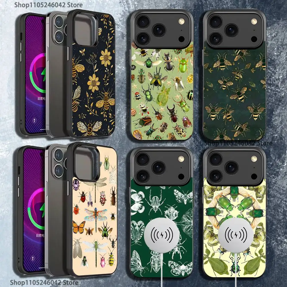 

Biology Art Bugs And Insects Magnetic Wireless Charging Black Phone Case For iPhone 17,16,15,14,13,12,11,Pro,Max,Plus,Mini,SE4,E