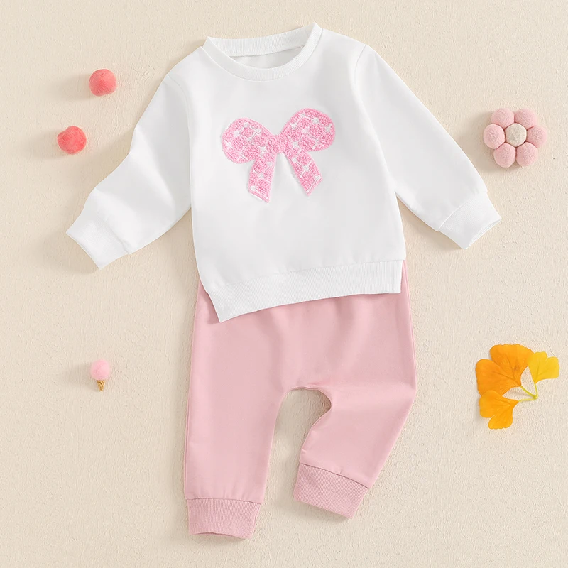 유아용 O넥 긴팔 활 자수 티 탑 드로스트링 바지, 용수철 가을 캐주얼 의상, 2 개 세트