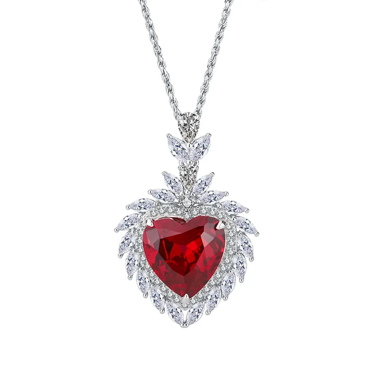 

S925 Sterling Silver Hot Selling Colored Gemstones Full Diamond Luxury Inlaid Pendant Necklace of Woman Heart Main Stone 15*15mm