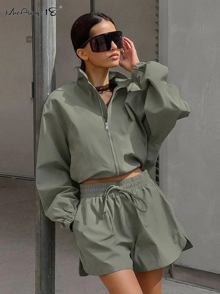 Mnealways18 Street Style Windbreaker Shorts Outfits Fashion Women Stand Collar Zipper Jackets And Shorts Sets Two Pieces 2024