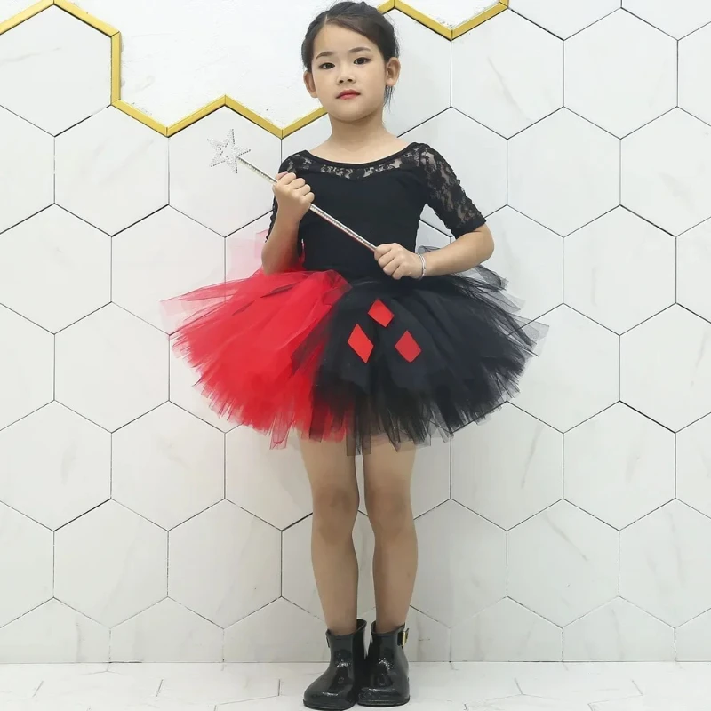 Black Red Clown Tutu Skirt Outfit for Girls Halloween Carnival Costumes Kids Birthday Party Tutu Fluffly Princess Half Skirt Set