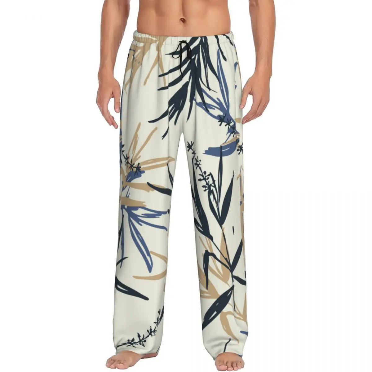 Mens Pajamas Pyjamas Pants Beige Bamboo Leaves Flower Lounge Pants Sleep Bottoms