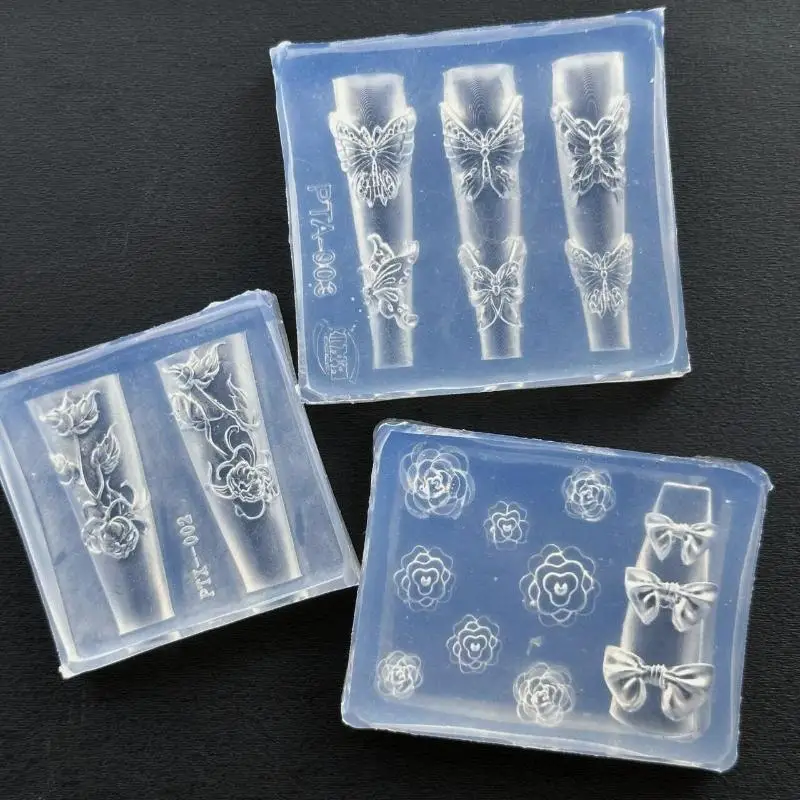 3D Transparent Silicone Nail Carving Mold Bow Flower Butterfly Rose Floral Design DIY Nail Art Decoration Manicure Tool\