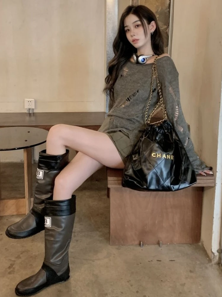 

Женские пуловеры, чистый минималистичный ажурный индивидуальный сексуальный универсальный свободный свитер Ulzzang для творчества, популярный повседневный осенний свитер для девочек