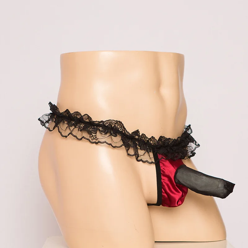 

Мужские трусики, мягкие кружевные стринги с рюшами, прозрачные полые мужские трусы с Т-образной спинкой, сексуальные трусики-сисси
