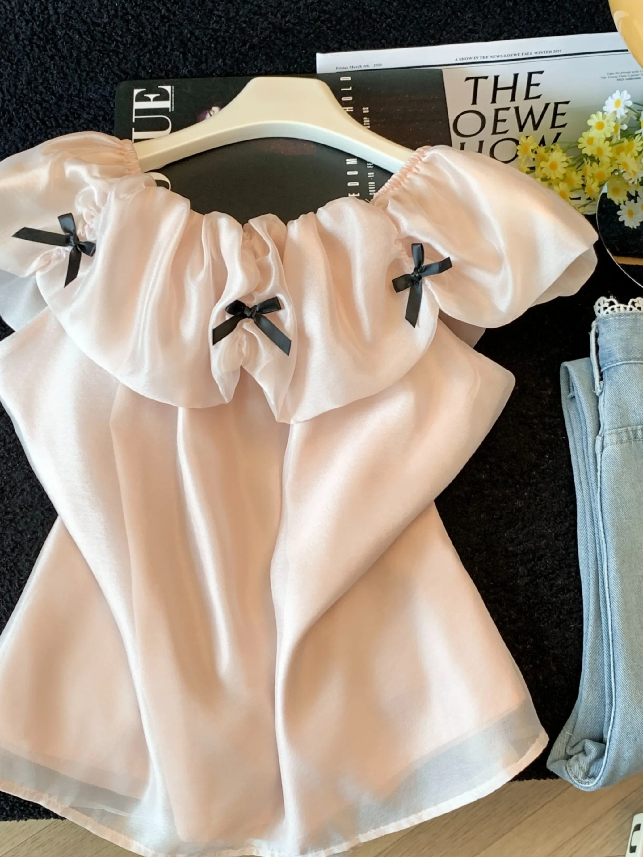 

Elegant Summer Women's Shawl Collar Knot Diamond Embellished Chiffon Top Thin Loose Fit Cute Style Short Sleeve