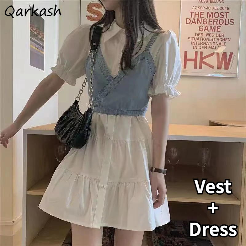 Sets Women Two Pieces Bodycone Puff Sleeve Dress Denim Vest Preppy Elegant Fashion Summer Streetwear Sweet Girlish Temper Simple