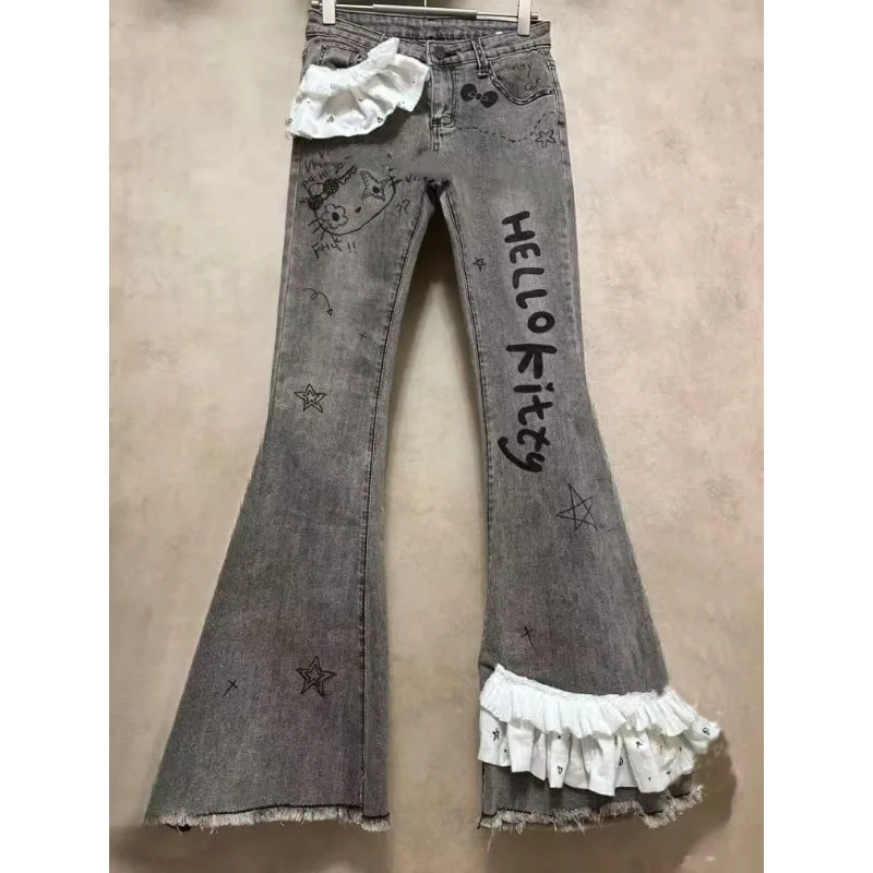 

Японские субкультуры, кавайные джинсы с мультяшным принтом, кружевные узкие расклешенные брюки с высокой талией, милые брюки в стиле Харадзюку