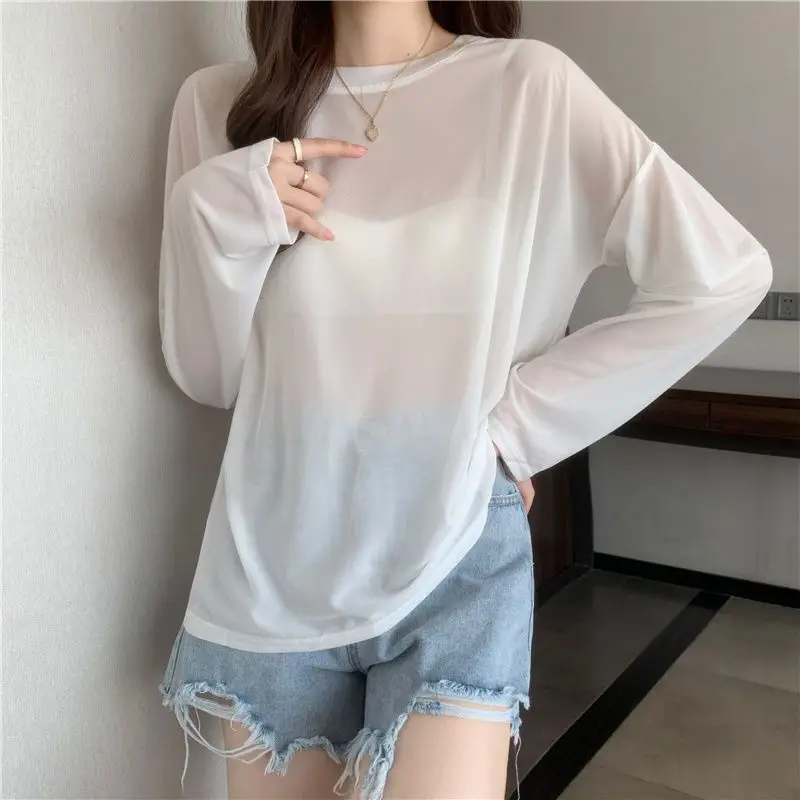 여성용 여름 화이트 루즈핏 긴팔 라운드넥 레이온 니트 탑 가벼운 자외선 차단 다용도 커버업 레이어링 셔츠